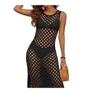 NEW Black Midi Length Crochet Swim Cover Up Dress Sleeveless Medium